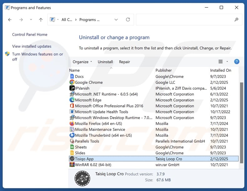 Tisiqo App verwijderen via Control Panel