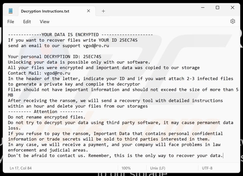 Vgod ransomware tekstbestand (Decryption Instructions.txt)