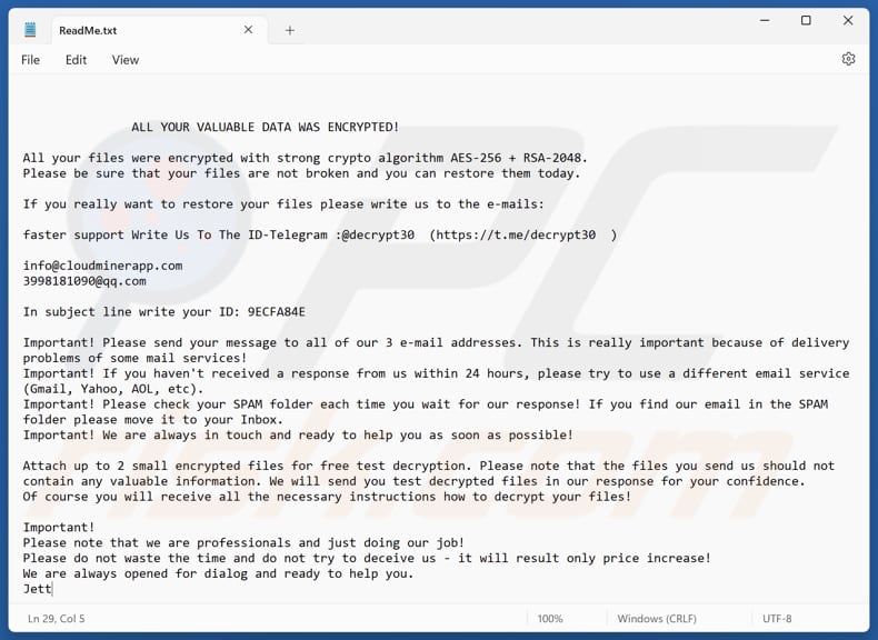 Jett ransomware tekstbestand (ReadMe.txt)