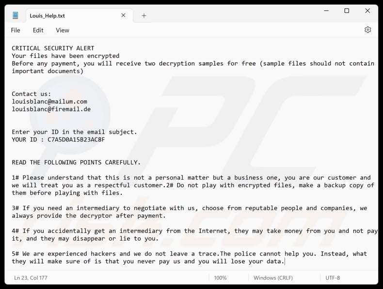 Louis ransomware losgeldbrief (Louis_Help.txt)