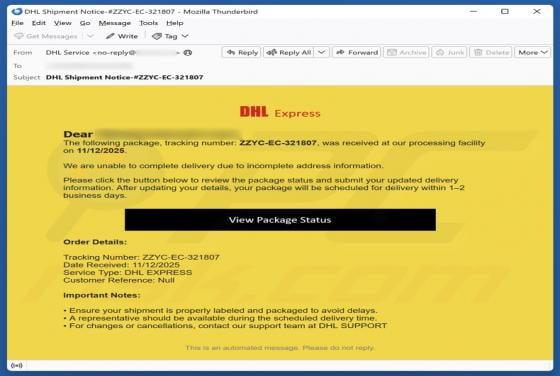 Oplichting per e-mail "DHL Express - Incomplete Address Information"