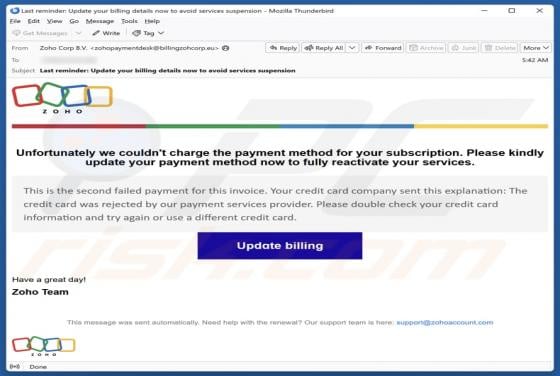 Oplichting per e-mail "Zoho - Update Your Payment Method"