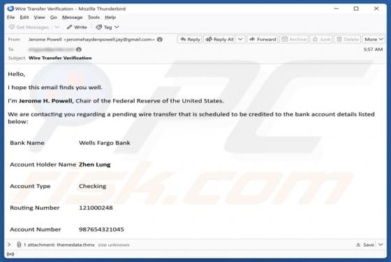 Oplichting per e-mail "Wells Fargo - Pending Wire Transfer"