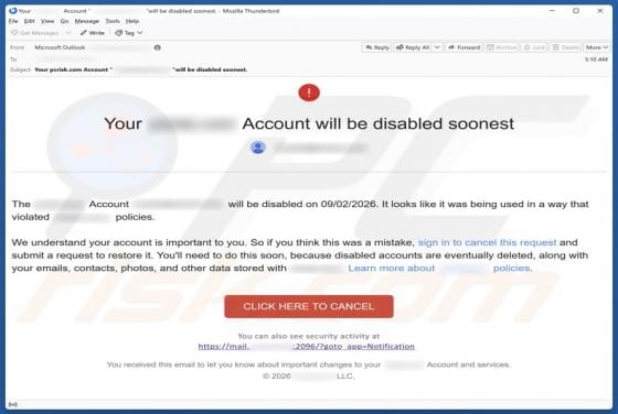 Oplichting per e-mail "Your Account Will Be Disabled"