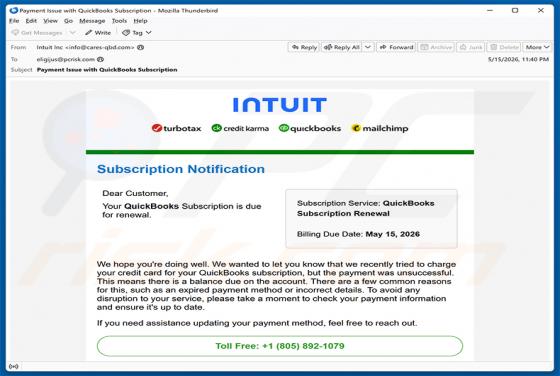 Intuit QuickBooks Subscription Is Due For Renewal e-mailfraude