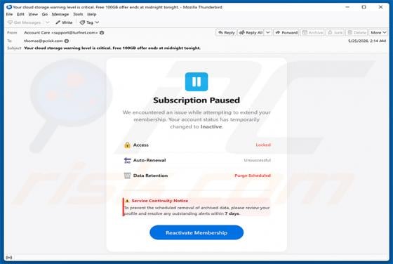 Cloud Subscription Paused e-mailfraude