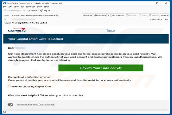 Capital One Card Is Locked e-mailfraude