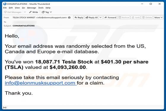 You\'ve Won Tesla Stock e-mailfraude
