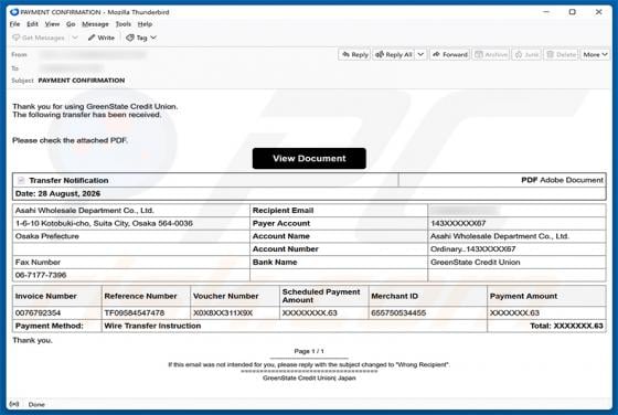 GreenState Credit Union Transfer Received e-mailfraude